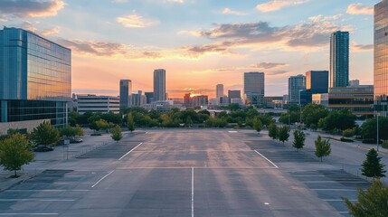 Obraz premium Aerial view of an empty parking lot with an urban skyline beyond, modern buildings reflecting the sunset light.