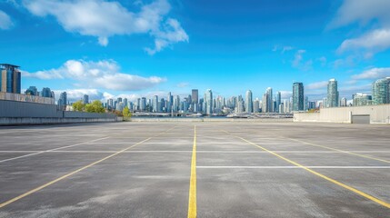 An urban parking lot surrounded by a distant city skyline with high-rise buildings against a bright blue sky.