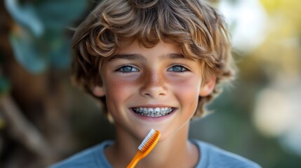 Fototapeta premium Boy with braces smiling outdoor setting portrait natural light