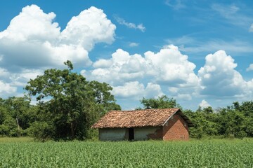 Obraz premium Rustic Farmhouse Surrounded by Green Fields