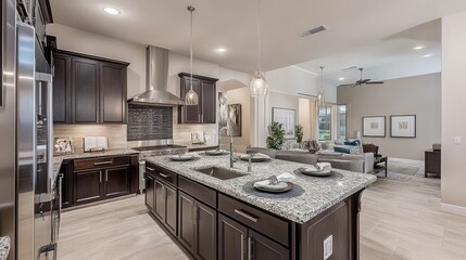 Sophisticated luxury kitchen with dark oak cabinetry, stainless steel appliances, and soft accent lighting,