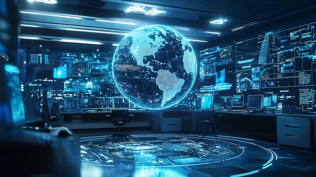 Futuristic AI Powered Control Room Tracking Global Financial Fraud and Cybersecurity Threats