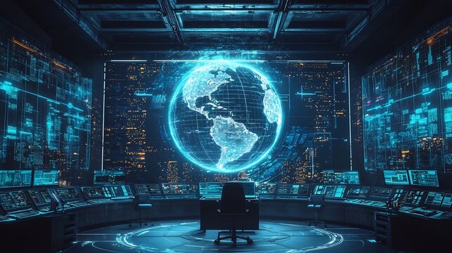 Futuristic Control Room with Holographic Globe Tracking Financial Fraud Across Global Networks