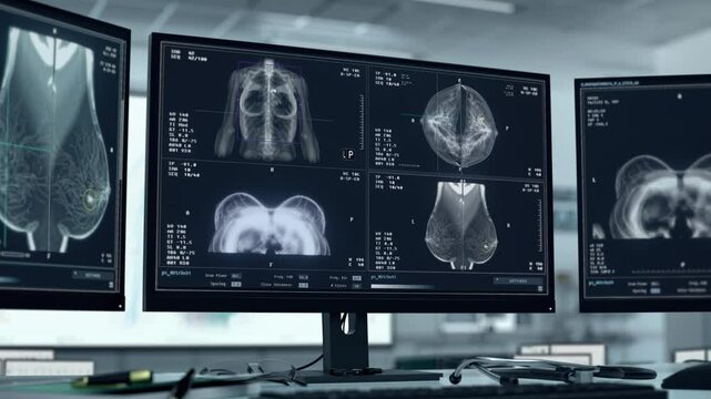 Medical diagnostic test scanning the breast tissue of the female clinic patient. Medical diagnostic test searching for disease in the chest. Medical diagnostic test detecting cancerous growth.