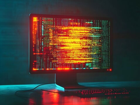 Glowing Computer Monitor Displaying Layers of Code and Algorithms Filtering Through Bank Statements for Fraud Detection Concept