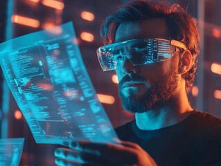 Cybersecurity Expert Examining Fraud Indicators on Holographic Documents with Floating Data Points