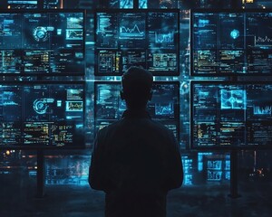Hacker Monitoring Cybersecurity Breaches and Fraud Alerts on Multiple Futuristic Data Screens in Dark Room