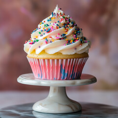 A single cupcake with colorful frosting and sprinkles on a cake stand