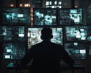 Hacker Monitoring Cybersecurity Breaches and Fraud Alerts on Dark Digital Screens in Control Room
