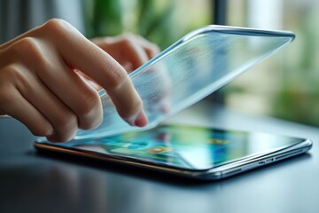 Hand using a tablet with a touchscreen interface.