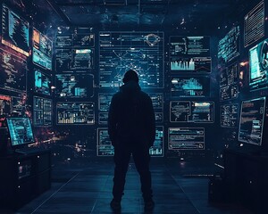 Hacker Surrounded by Digital Screens Monitoring Security Breaches and Fraud Alerts