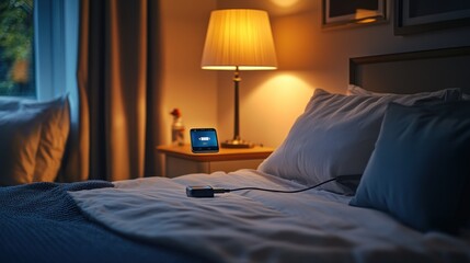 Cozy bedroom with lamp and bedside device.