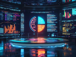 Futuristic Digital Pie Chart Glowing in Sentiment Analysis Control Room with Big Data Analytics Dashboard