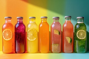 Colorful bottled drinks with citrus slices.