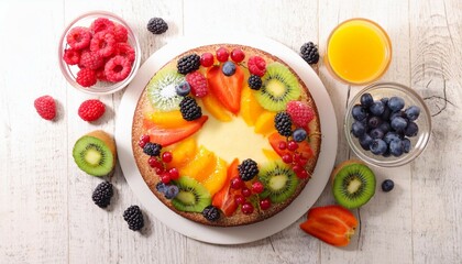 sponge cake with fruits and berries top view