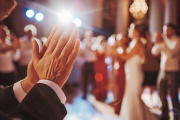 Bride and groom sharing a romantic moment, applause from guests during wedding celebration