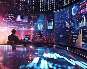 News Anchor in Digital Studio with Holographic Sentiment Analysis Charts Showing Real Time Audience Reactions