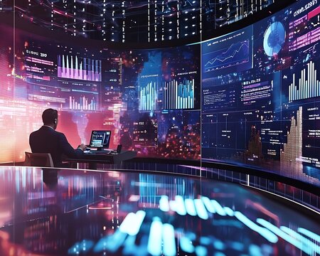 News Anchor in Digital Studio with Holographic Sentiment Analysis Charts Showing Real Time Audience Reactions - Powered by Adobe