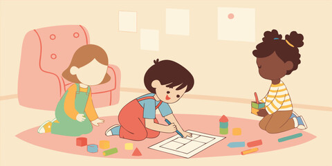  Children's Creative Playtime in room vector illustration
