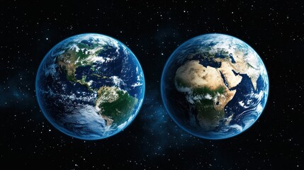 Fototapeta premium Two Earth globes showing different continents against a starry space background.
