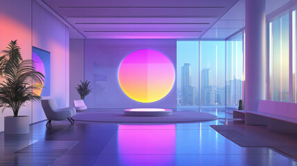 modern office interior with vibrant colors and city view