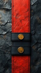 A close-up of a red and black strap with metallic buttons.