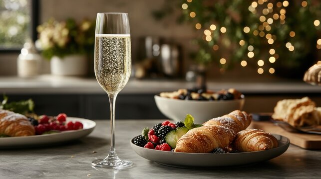 Elegant Brunch Setup with Sparkling Beverage, Fresh Berries, and Croissants Against a Softly Lit Background