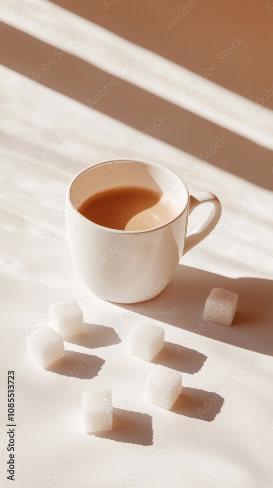 Poster white coffee cup surrounded by sugar cubes on a table, illuminated by soft light, prompts reflection