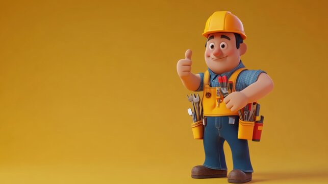 Cheerful Cartoon Worker with Tools on Yellow Background