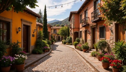 Charming cobblestone street with colorful houses and lush greenery in a picturesque village
