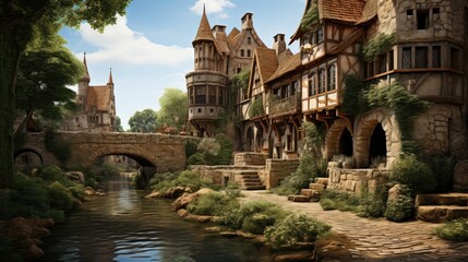 Obraz premium Illustration little town or village next to river in computer game 