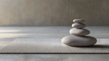 Stacked stones on a yoga mat in a minimalist room with calming ambiance
