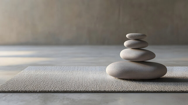 Stacked stones on a yoga mat in a minimalist room with calming ambiance