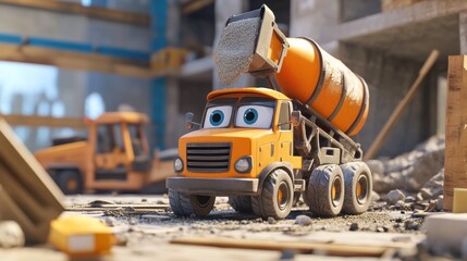 Fototapeta premium Friendly Cartoon Construction Scene Featuring a Cheerful Cement Mixer Truck with Big Eyes and Construction Equipment in a Vibrant Building Site Environment