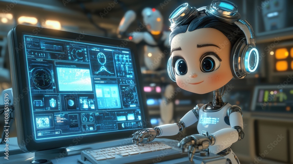 Poster cute robotic character with large expressive eyes interacts with futuristic computer in a high-tech 