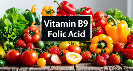 Various fresh food vegetables, fruits, with the sign inscription vitamin B9 Folic acid
