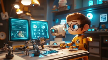 Young Boy Engaged in Robotics and Technology with Futuristic Computer Setup and Interactive Displays in a Modern Laboratory Environment