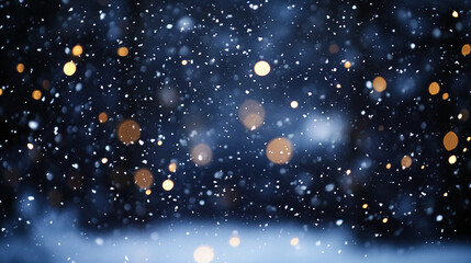 Falling snow creates a magical effect against a backdrop of blurry lights