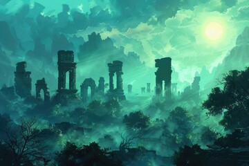 Ruined Temple in a Mysterious Green Forest with a Bright Sun Above