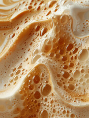 Abstract pattern of bubbles and liquid foam of coffee and milk swirling together. mixing coffee with milk. 