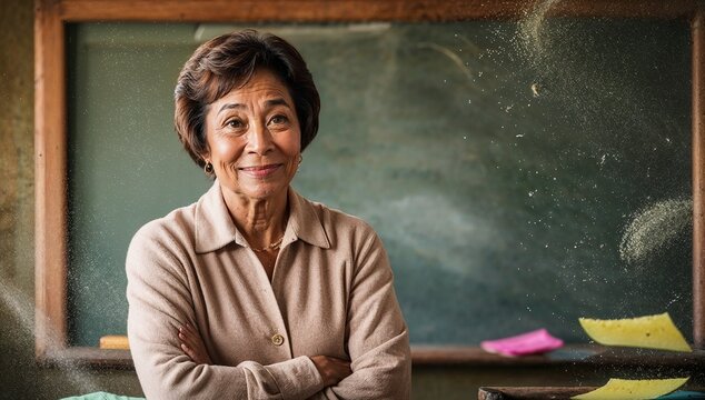 Cheerful teacher in classroom, exciting educational scene