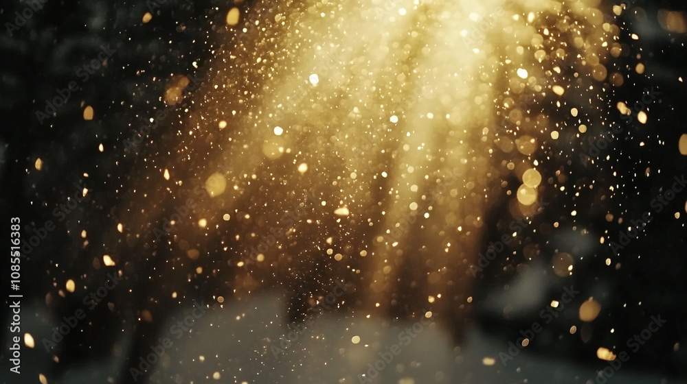 Poster sunlight filters through trees, illuminating falling snow