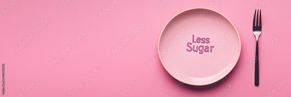 Poster empty pink plate with the inscription less sugar invites viewers to reflect on reducing sugar intake