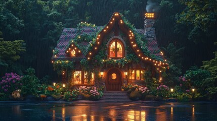 Obraz premium Enchanted Cozy Cottage Surrounded by Lush Greenery with Glowing Lights and Gentle Rain in a Tranquil Forest Setting at Dusk