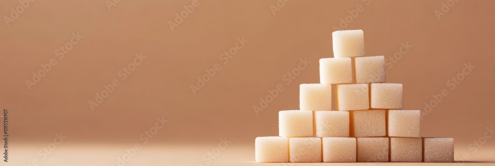 Poster refined sugar cubes stacked in a pyramid shape represent the concept of sugar consumption, addiction