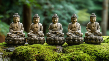 Set of Golden Buddha Statues on Mossy Rocks

