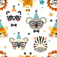 Cute seamless pattern for kids and babies, vector pattern with cartoon animal heads with birthday hats