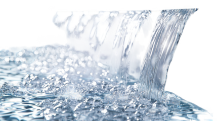 dynamic image of cascading water splashing into clear pool, capturing fluid motion and sparkling reflections. scene evokes sense of freshness and tranquility