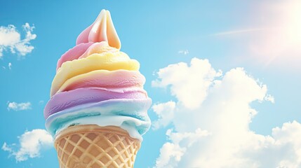 Close-up of a waffle cone with rainbow-colored ice cream, made from fresh milk, against a bright summer sky.