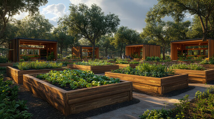 Rectangular wooden planters filled with lush vegetables are arranged in a community garden under a bright sky, enhancing the natural landscape